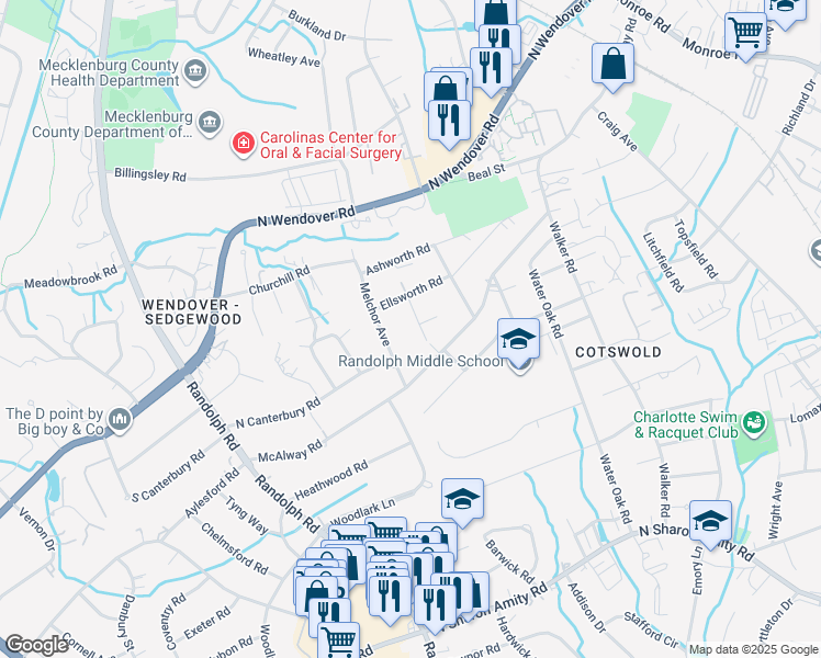 map of restaurants, bars, coffee shops, grocery stores, and more near in Charlotte