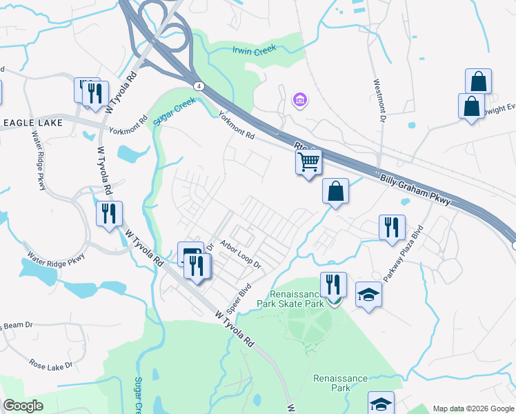 map of restaurants, bars, coffee shops, grocery stores, and more near 3011 Potomac River Parkway in Charlotte