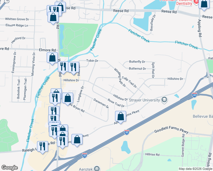 map of restaurants, bars, coffee shops, grocery stores, and more near 7029 Tree Line Cove in Bartlett