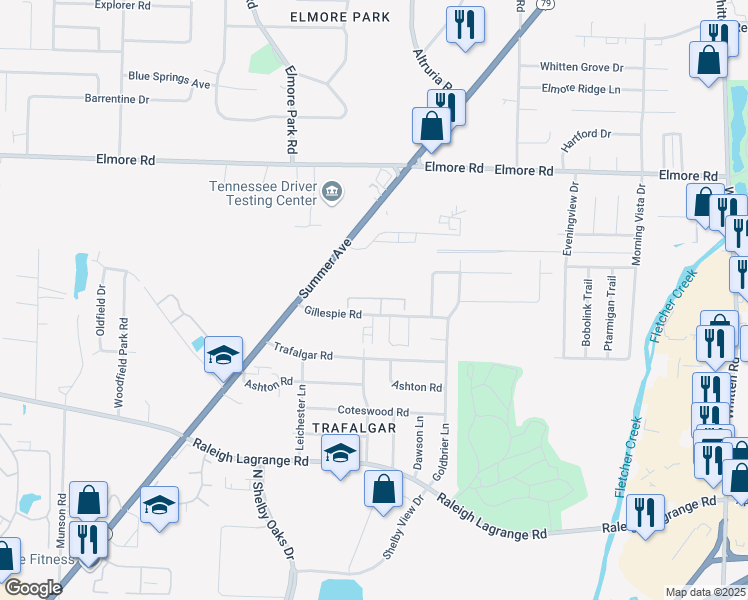 map of restaurants, bars, coffee shops, grocery stores, and more near 6320 Gillespie Road in Memphis