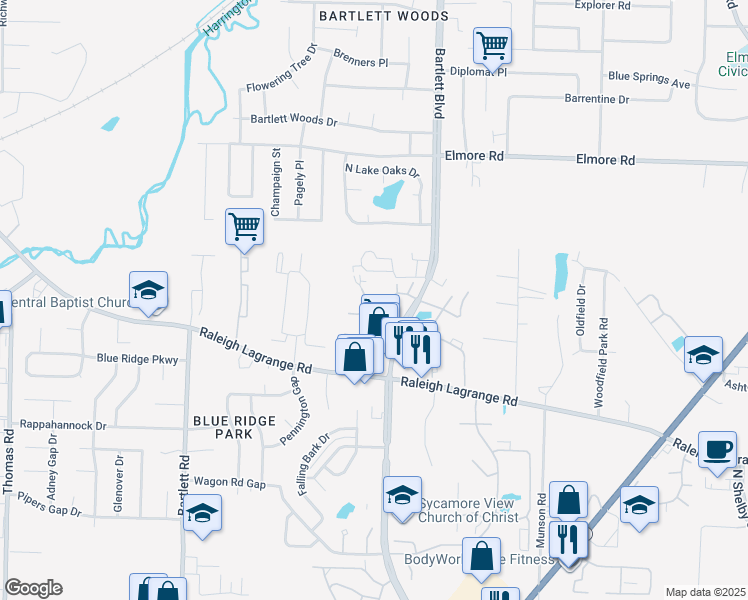 map of restaurants, bars, coffee shops, grocery stores, and more near 2171 Sycamore View Road in Memphis