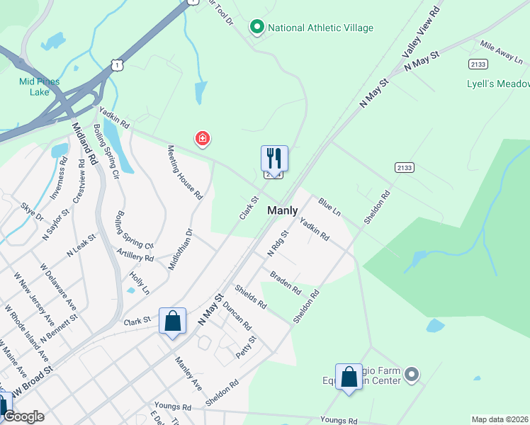 map of restaurants, bars, coffee shops, grocery stores, and more near 490 Yadkin Road in Southern Pines