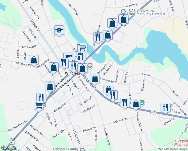 map of restaurants, bars, coffee shops, grocery stores, and more near 211 South Porter Street in Winchester