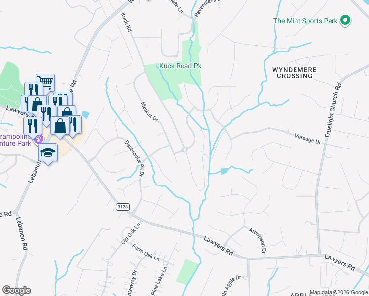 map of restaurants, bars, coffee shops, grocery stores, and more near 7637 Kuck Road in Mint Hill