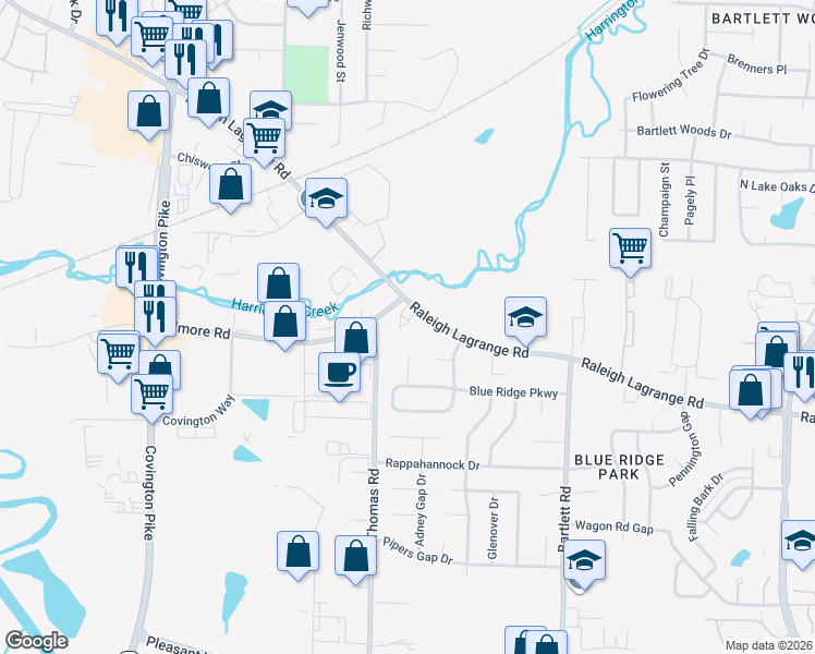 map of restaurants, bars, coffee shops, grocery stores, and more near 5317 Raleigh Lagrange Road in Memphis