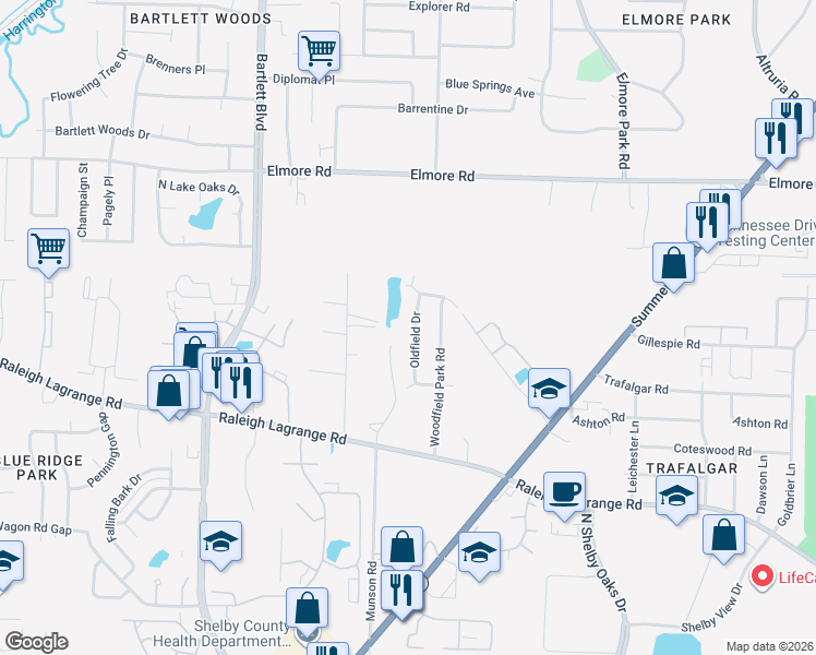 map of restaurants, bars, coffee shops, grocery stores, and more near 2205 Oldfield Drive in Memphis