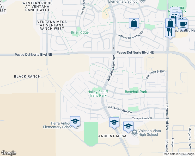 map of restaurants, bars, coffee shops, grocery stores, and more near 7211 Teypana Road Northwest in Albuquerque