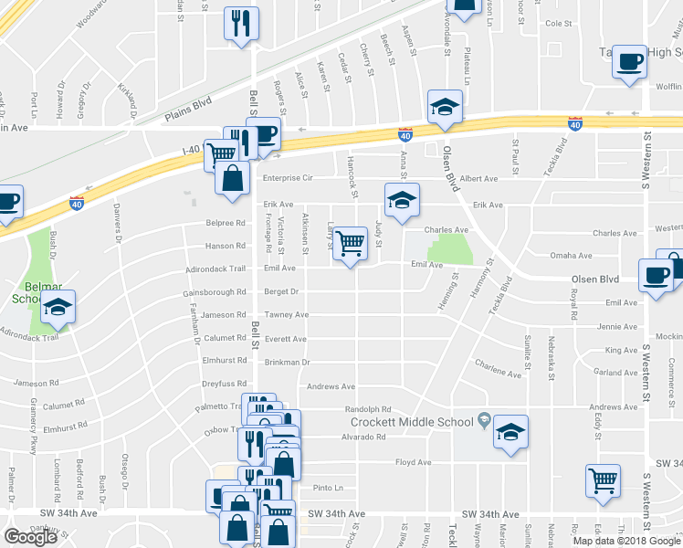 map of restaurants, bars, coffee shops, grocery stores, and more near 5505 Emil Avenue in Amarillo