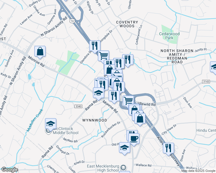 map of restaurants, bars, coffee shops, grocery stores, and more near in Charlotte
