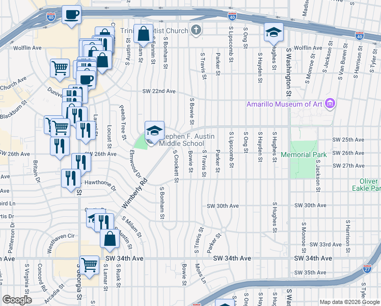 map of restaurants, bars, coffee shops, grocery stores, and more near Southwest 26th Avenue in Amarillo