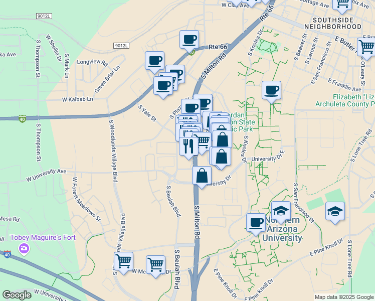 map of restaurants, bars, coffee shops, grocery stores, and more near 1551 South Milton Road in Flagstaff