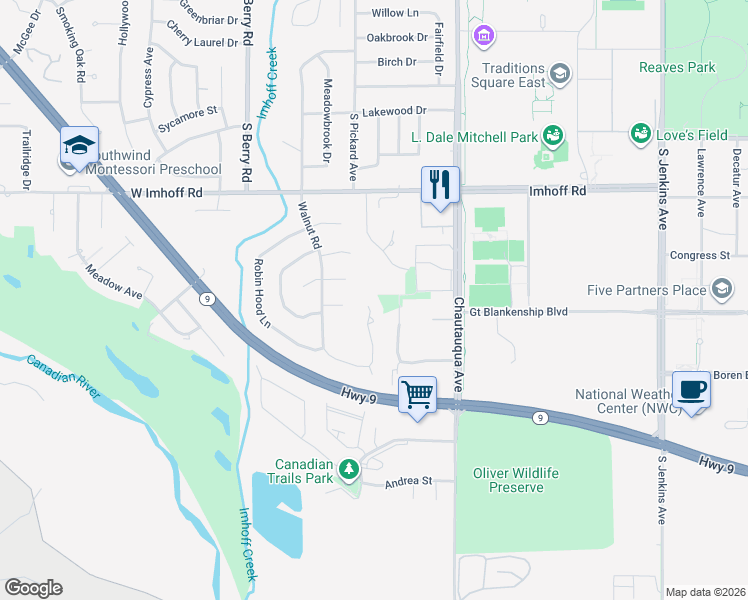 map of restaurants, bars, coffee shops, grocery stores, and more near 3325 Walnut Road in Norman
