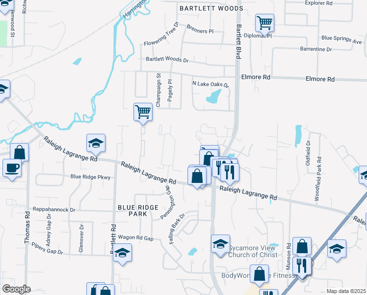 map of restaurants, bars, coffee shops, grocery stores, and more near 2165 East River Trace Drive in Memphis