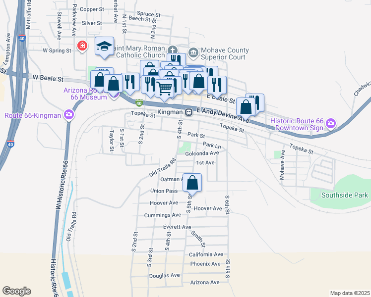 map of restaurants, bars, coffee shops, grocery stores, and more near 421 Golconda Avenue in Kingman
