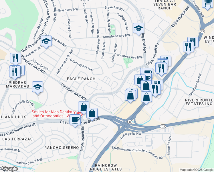 map of restaurants, bars, coffee shops, grocery stores, and more near 4520 Miramar Drive Northwest in Albuquerque