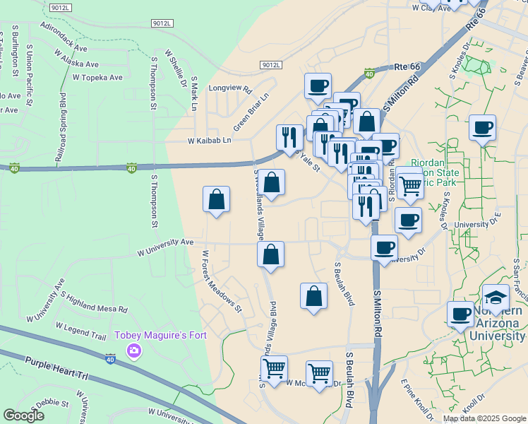 map of restaurants, bars, coffee shops, grocery stores, and more near 1750 South Woodlands Village Boulevard in Flagstaff