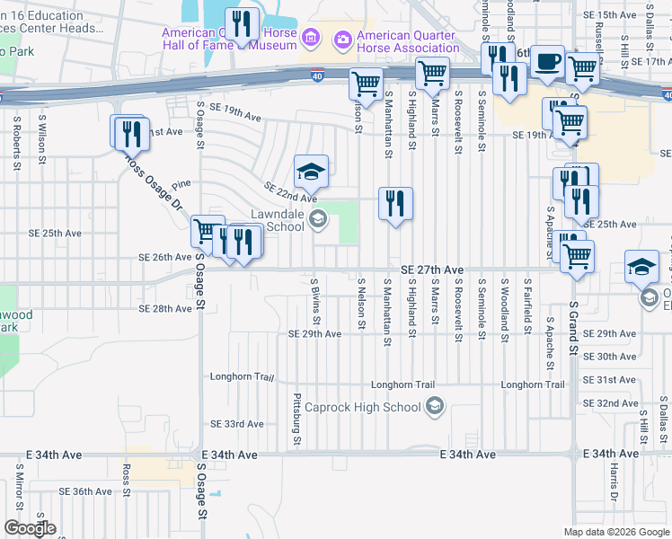 map of restaurants, bars, coffee shops, grocery stores, and more near 2601 Southeast 27th Avenue in Amarillo