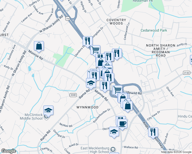 map of restaurants, bars, coffee shops, grocery stores, and more near 4006 Connection Point Boulevard in Charlotte