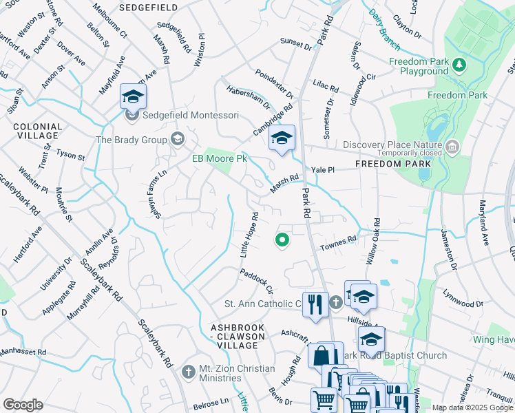 map of restaurants, bars, coffee shops, grocery stores, and more near 1022 Davant Lane in Charlotte