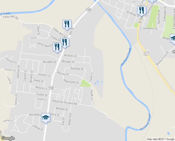 map of restaurants, bars, coffee shops, grocery stores, and more near 730 Rackley Dr in Pulaski