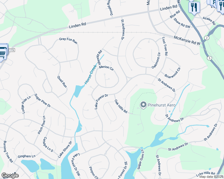 map of restaurants, bars, coffee shops, grocery stores, and more near 155 Merion Circle in Pinehurst