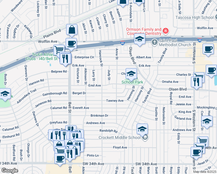 map of restaurants, bars, coffee shops, grocery stores, and more near 5309 Emil Ave in Amarillo