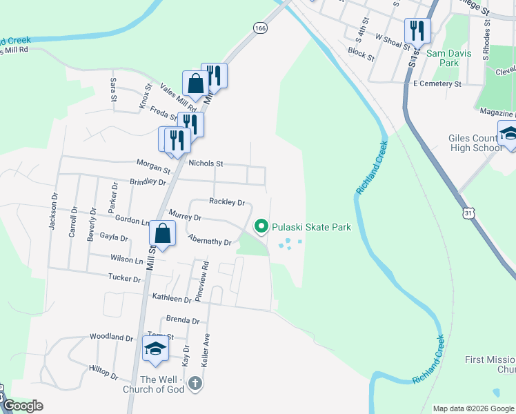 map of restaurants, bars, coffee shops, grocery stores, and more near 730 Rackley Drive in Pulaski