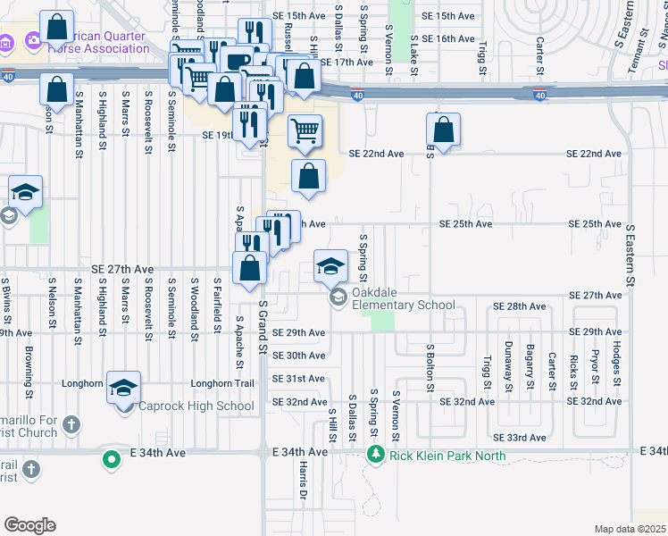 map of restaurants, bars, coffee shops, grocery stores, and more near 2600 South Spring Street in Amarillo