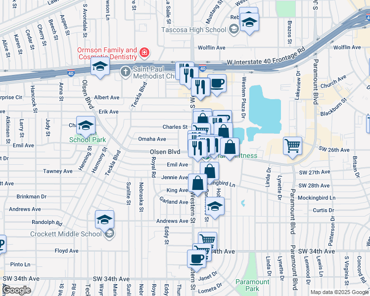 map of restaurants, bars, coffee shops, grocery stores, and more near 4204 Olsen Boulevard in Amarillo