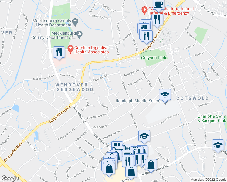 map of restaurants, bars, coffee shops, grocery stores, and more near 321 Anthony Circle in Charlotte