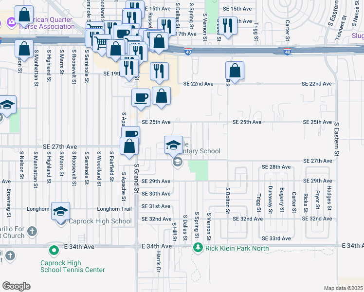 map of restaurants, bars, coffee shops, grocery stores, and more near 2600 South Spring Street in Amarillo