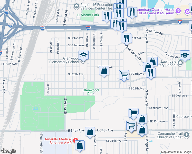 map of restaurants, bars, coffee shops, grocery stores, and more near 2607 South Roberts Street in Amarillo