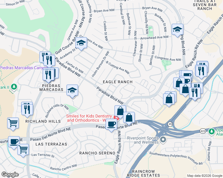 map of restaurants, bars, coffee shops, grocery stores, and more near 4701 Wildfire Road Northwest in Albuquerque