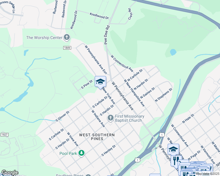 map of restaurants, bars, coffee shops, grocery stores, and more near in Southern Pines