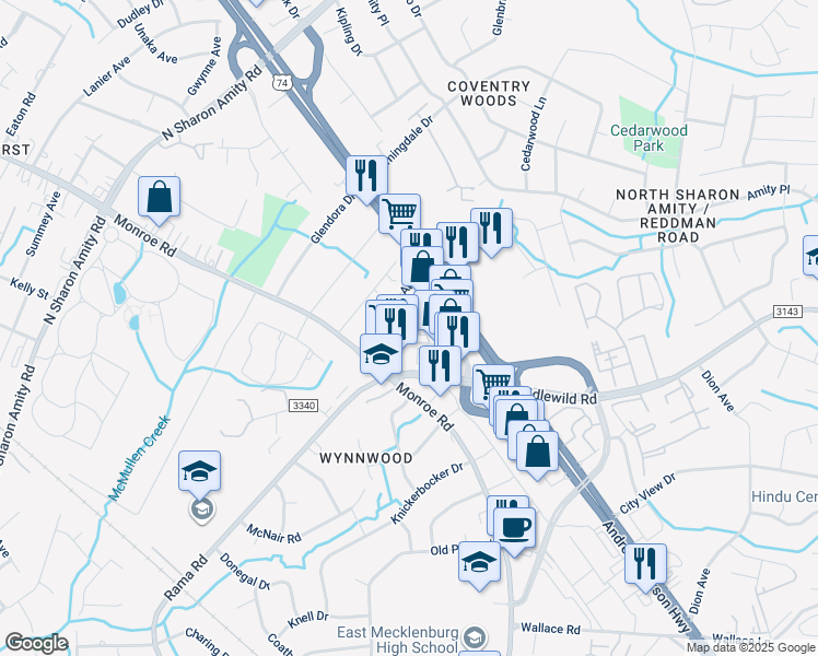 map of restaurants, bars, coffee shops, grocery stores, and more near 5324 E Independence Blvd in Charlotte