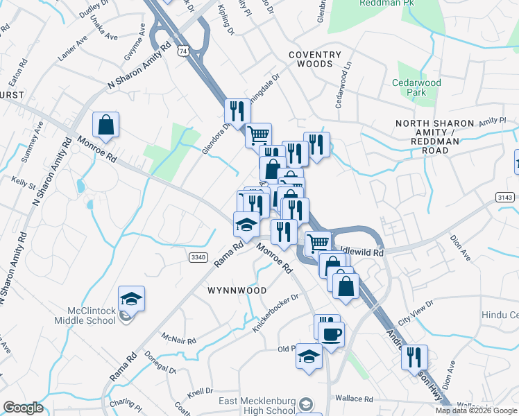 map of restaurants, bars, coffee shops, grocery stores, and more near 4006 Connection Point Boulevard in Charlotte