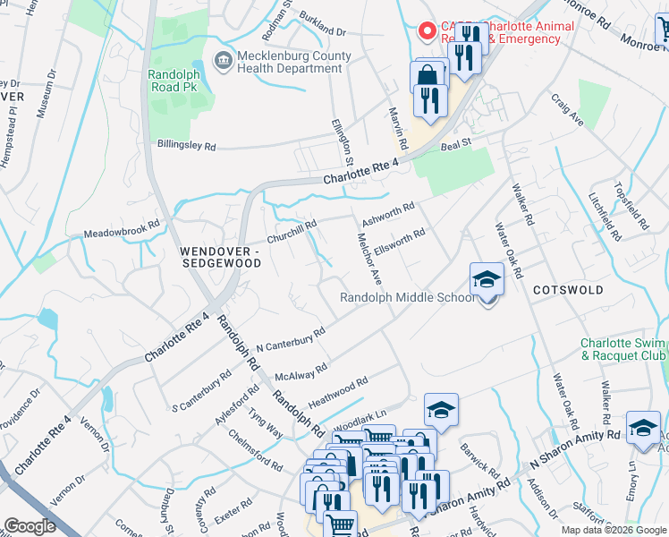 map of restaurants, bars, coffee shops, grocery stores, and more near 321 Anthony Circle in Charlotte