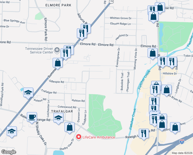 map of restaurants, bars, coffee shops, grocery stores, and more near 6483 Birkenhead Road in Memphis