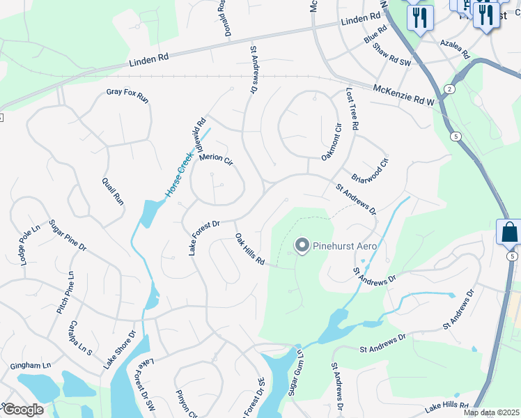 map of restaurants, bars, coffee shops, grocery stores, and more near 50 Lake Forest Drive in Pinehurst