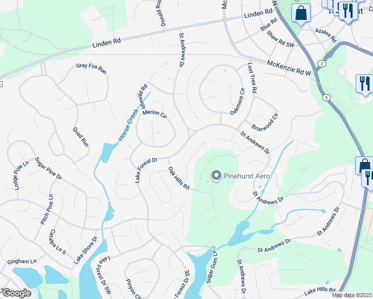 map of restaurants, bars, coffee shops, grocery stores, and more near 50 Lake Forest Drive in Pinehurst