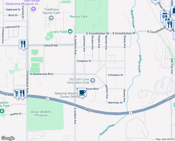 map of restaurants, bars, coffee shops, grocery stores, and more near 201 Stephenson Parkway in Norman