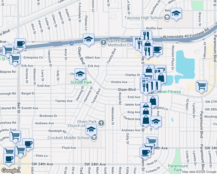 map of restaurants, bars, coffee shops, grocery stores, and more near 4410 Olsen Boulevard in Amarillo