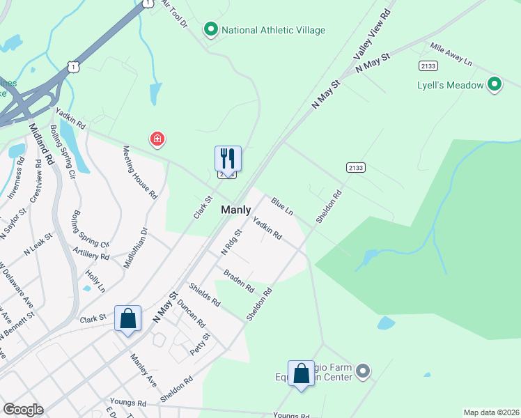 map of restaurants, bars, coffee shops, grocery stores, and more near 1625 North Ridge Street in Southern Pines