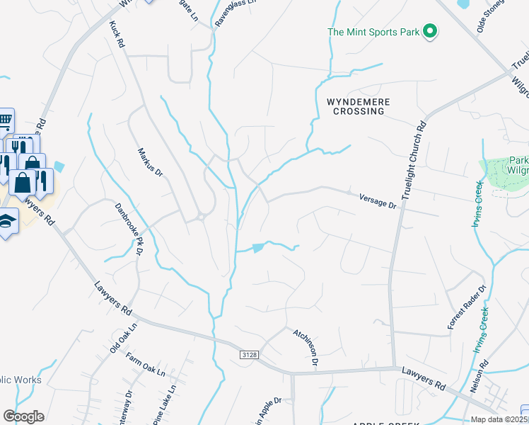 map of restaurants, bars, coffee shops, grocery stores, and more near 7527 Brookwood Valley Lane in Mint Hill