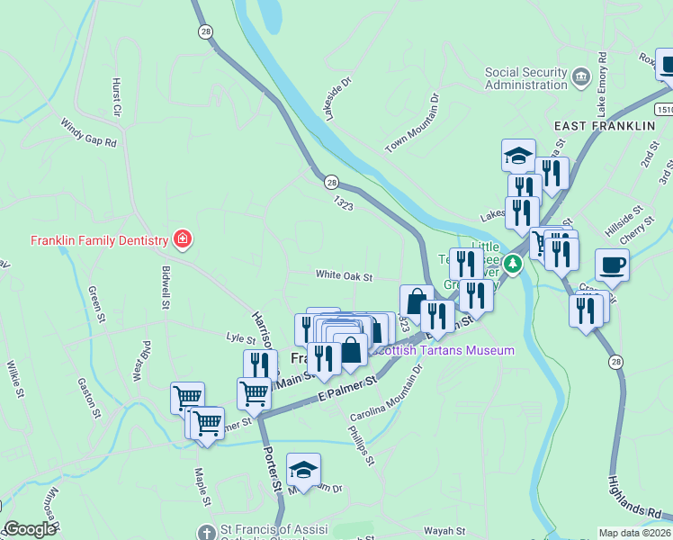 map of restaurants, bars, coffee shops, grocery stores, and more near 130 White Oak Street in Franklin