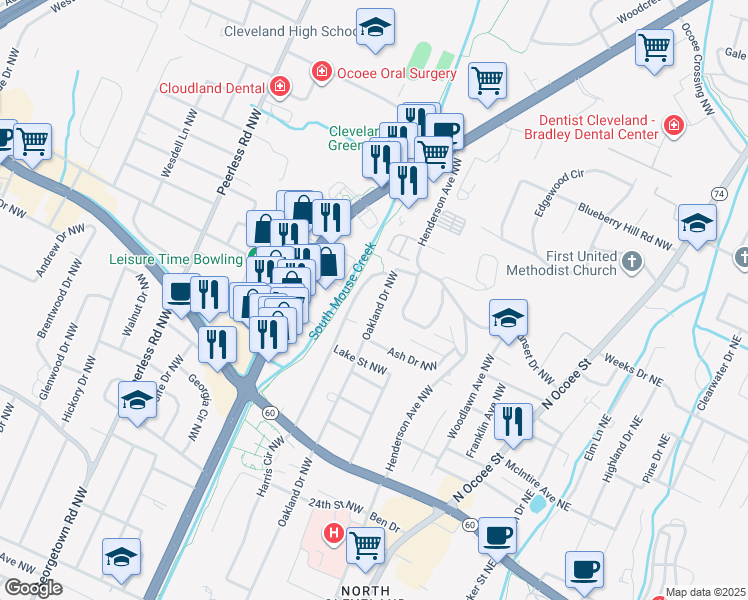map of restaurants, bars, coffee shops, grocery stores, and more near 3010 Oakland Drive Northwest in Cleveland
