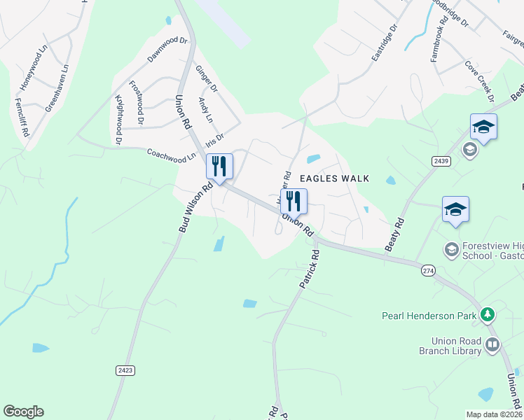 map of restaurants, bars, coffee shops, grocery stores, and more near 5210 Union Road in Gastonia