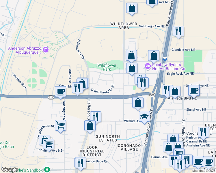 map of restaurants, bars, coffee shops, grocery stores, and more near 5021 Golden Thread Drive Northeast in Albuquerque