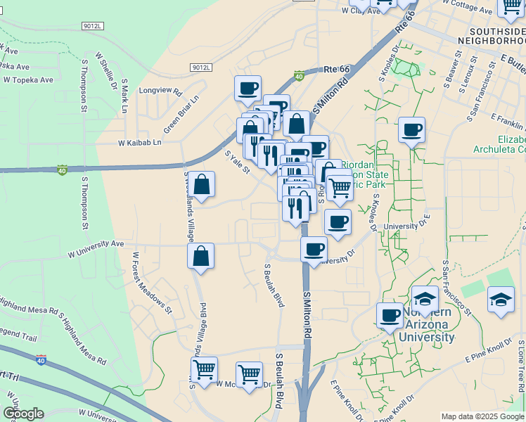 map of restaurants, bars, coffee shops, grocery stores, and more near 1515 South Yale Street in Flagstaff