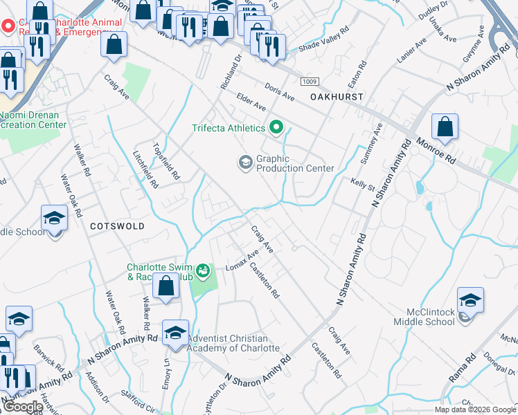 map of restaurants, bars, coffee shops, grocery stores, and more near in Charlotte